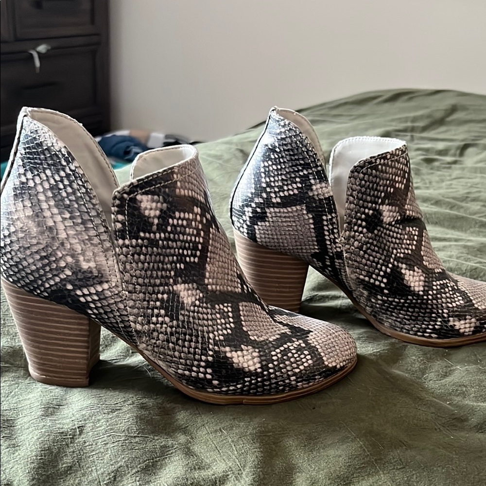 Fergalicious Black and White Ankle Booties with Snakeskin Print